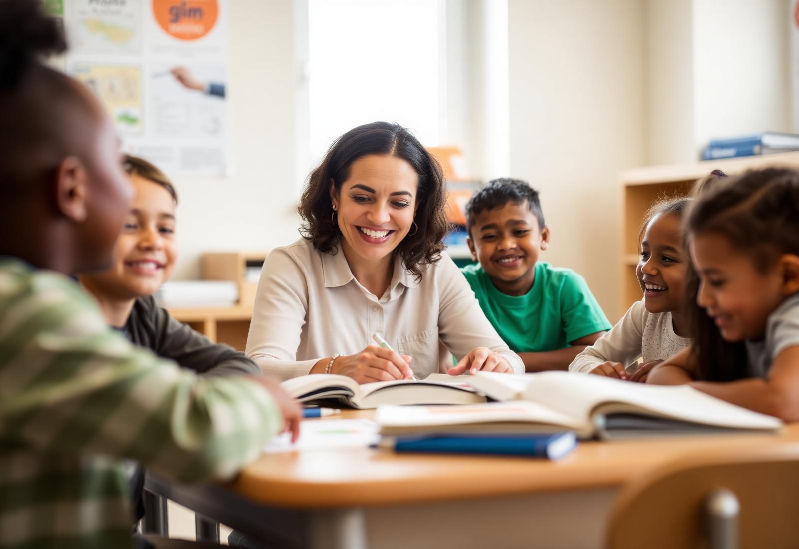 A teacher smiling with diverse students gathered around a table of books